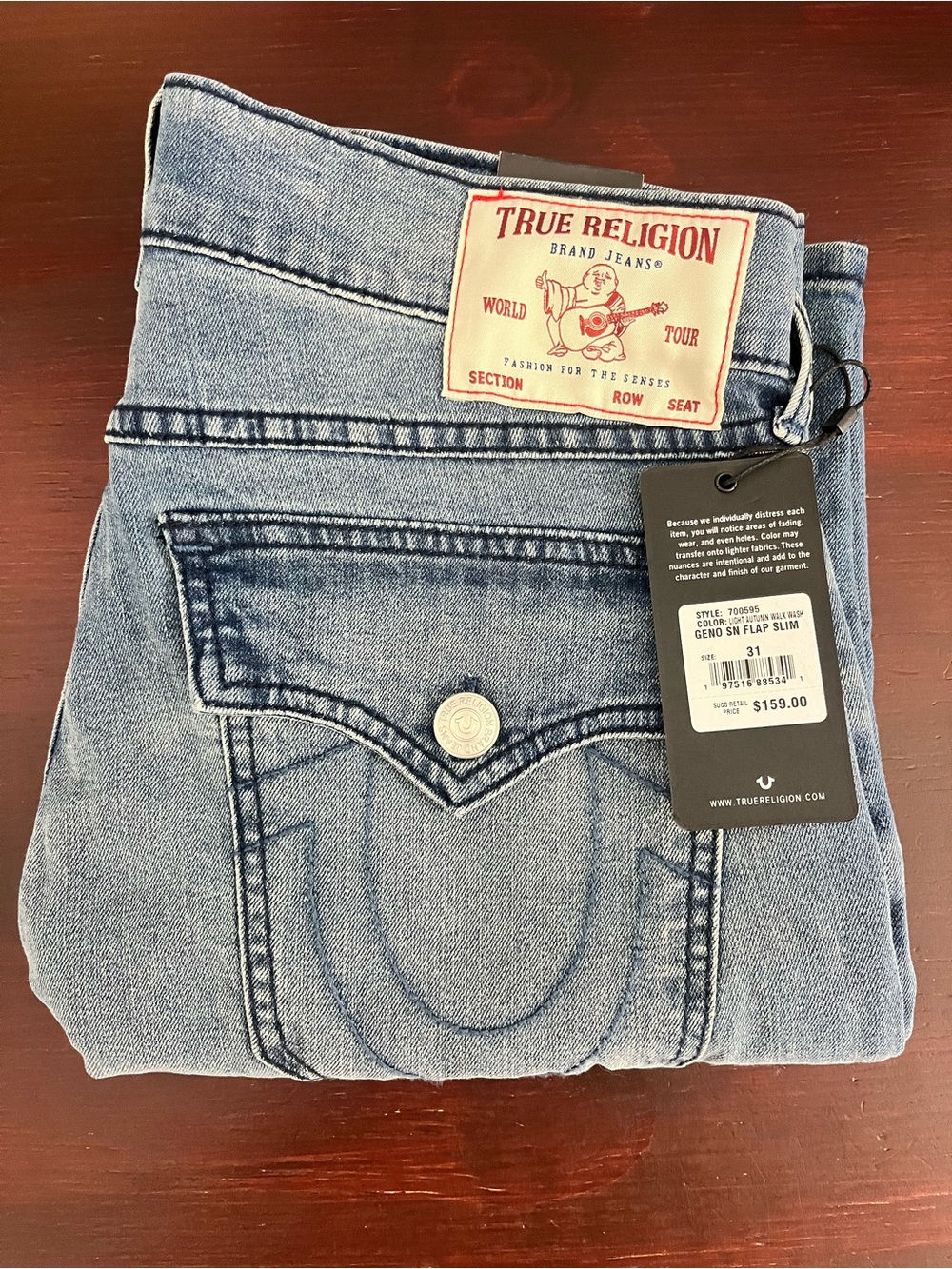 True Religion Men 31x32 Geno SN Flap Relaxed Slim Jeans Blue Denim blue thread